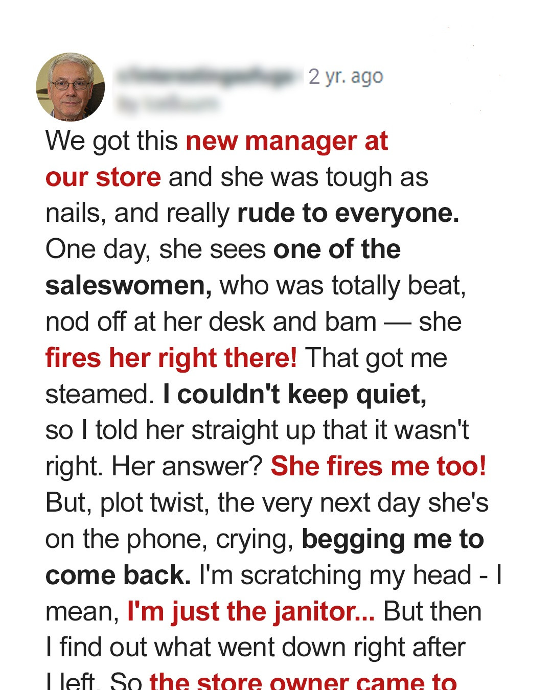 ‘Hey, You’re Fired, Old Man,’ Manager Informs Janitor, Not Knowing He’ll Be Her Boss the Next Day – Story of the Day