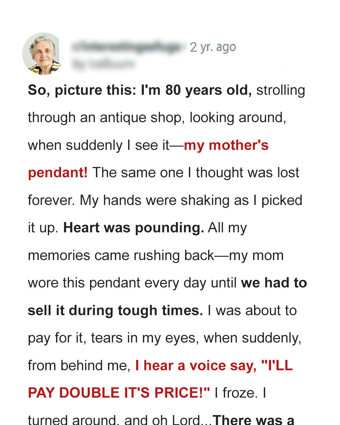 Old Lady Sees Late Mother’s Pendant at Flea Market, ‘I’ll Pay Double Its Price’ She Suddenly Hears – Story of the Day