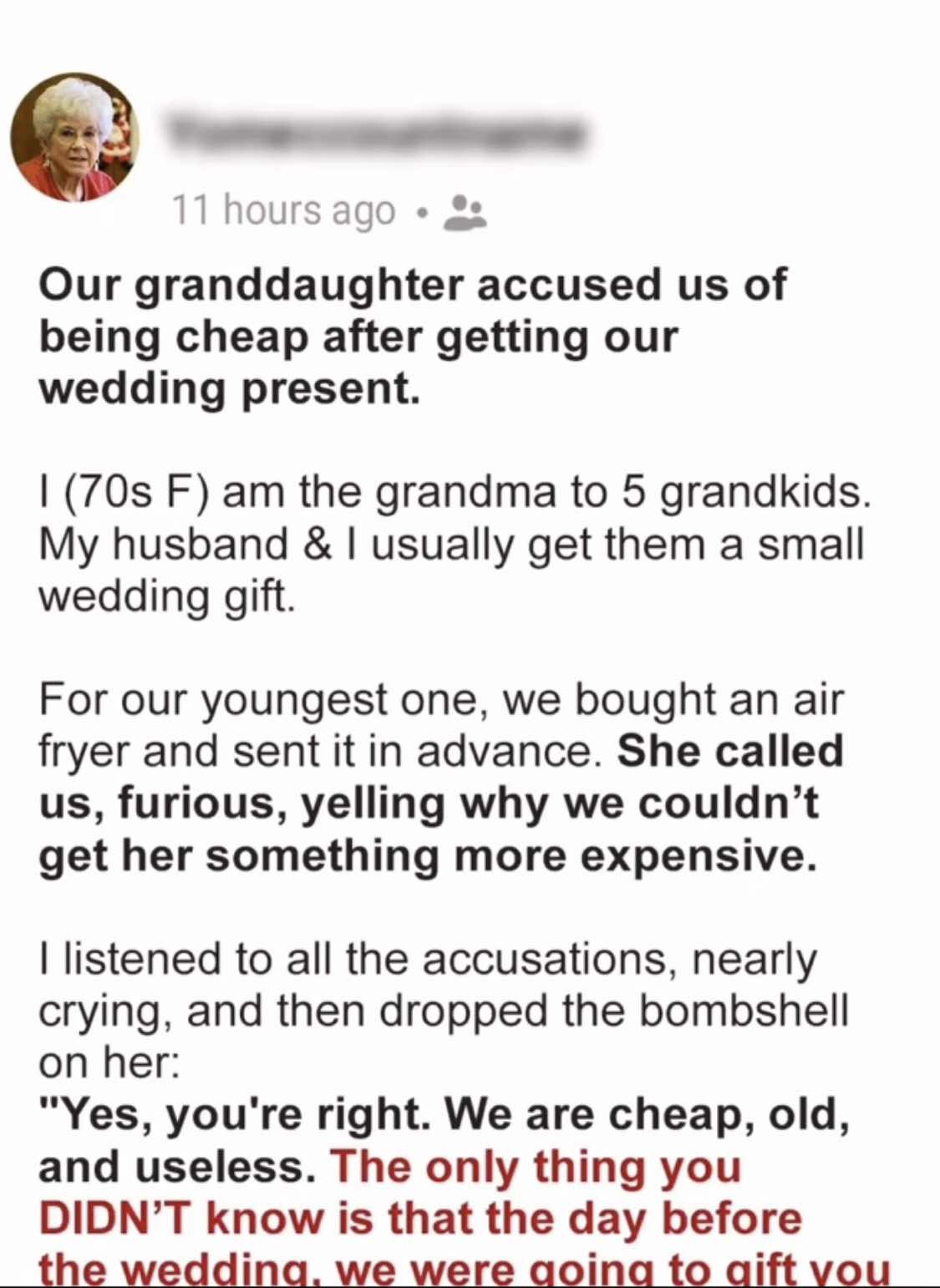 Our Granddaughter Accused Us of Being Cheap after Getting Our Wedding Present