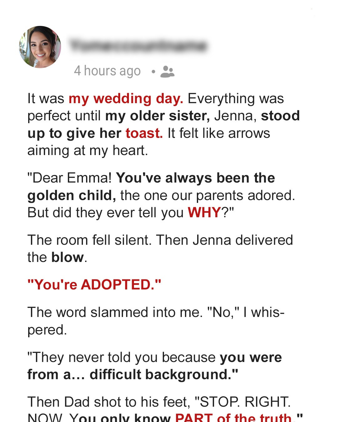 My Sister Stood up at My Wedding and Revealed I Was Adopted – But My Dad Shut Her Down with the Truth