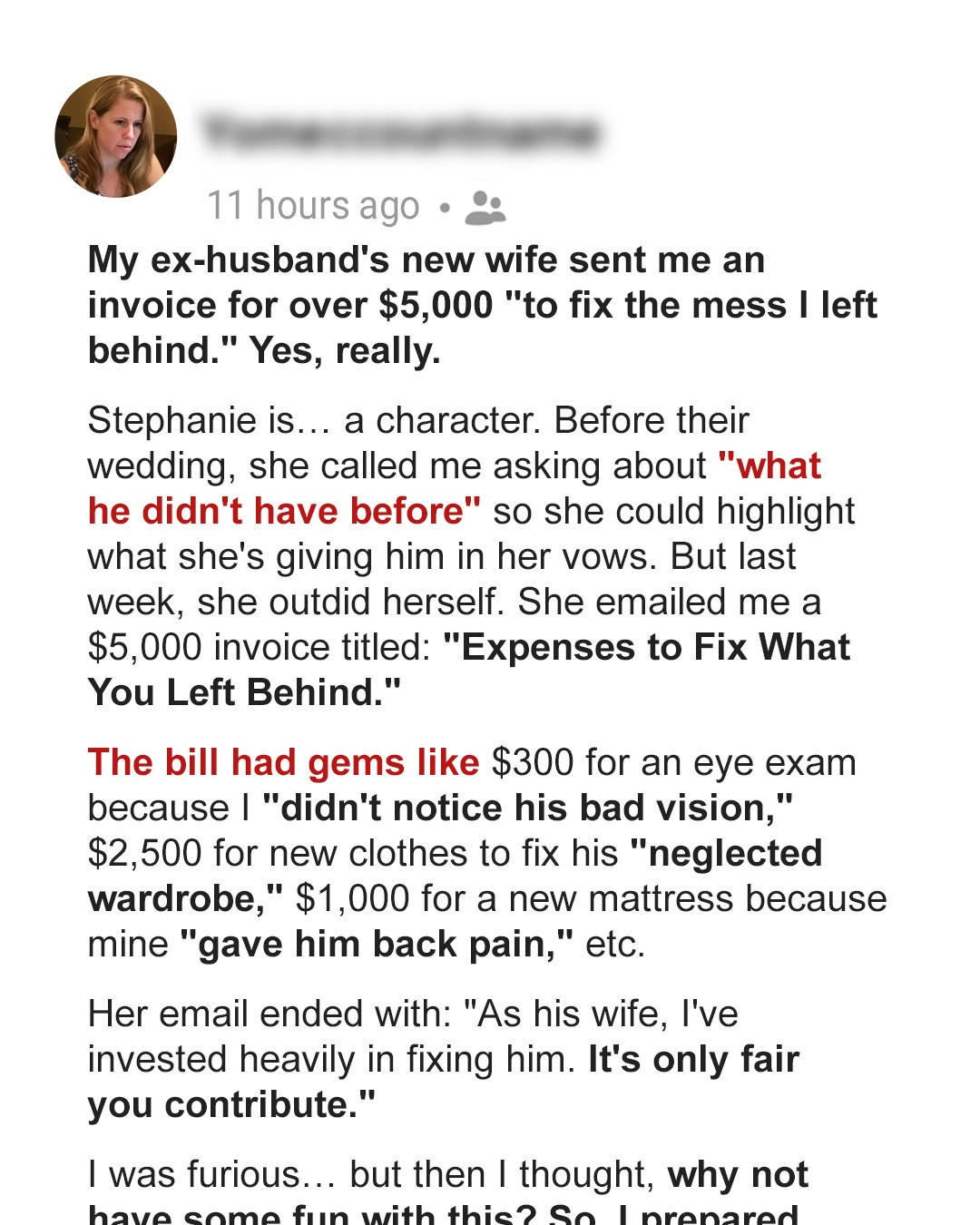 My Ex-husband’s New Wife Sent Me a Bill for ‘Expenses Caused by Me’
