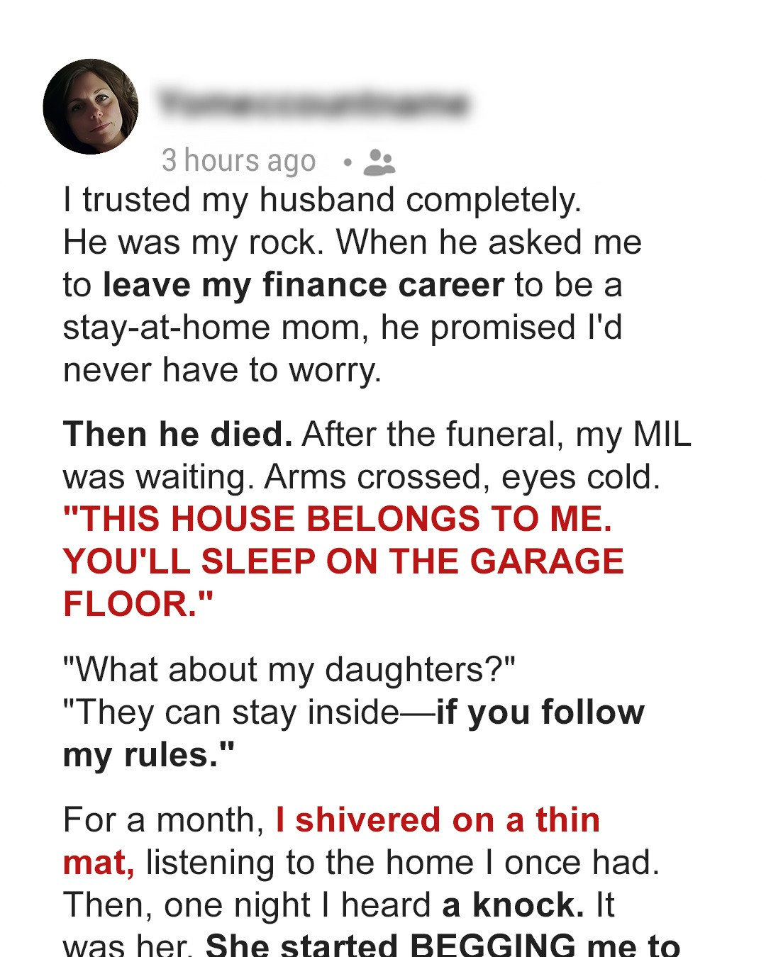 My MIL Made Me Sleep on the Garage Floor After My Husband Died – She Didn’t Expect to Beg for My Help a Month Later