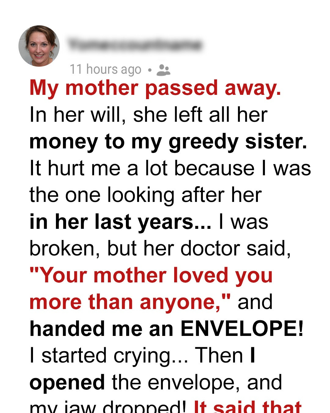 My Selfish Sister Stayed by Mom’s Side When She Fell Ill, but Everything Changed after the Doctor Shared Mom’s Last Words – Story of the Day