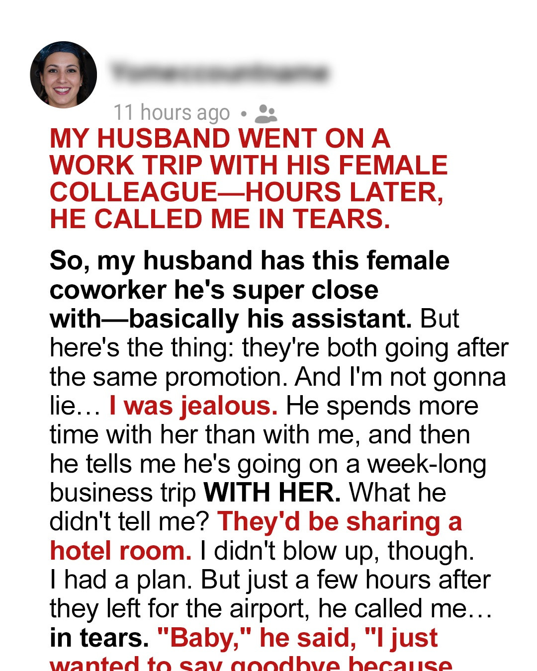 My Husband Went on a Work Trip with His Female Colleague—Hours Later, He Called Me in Tears