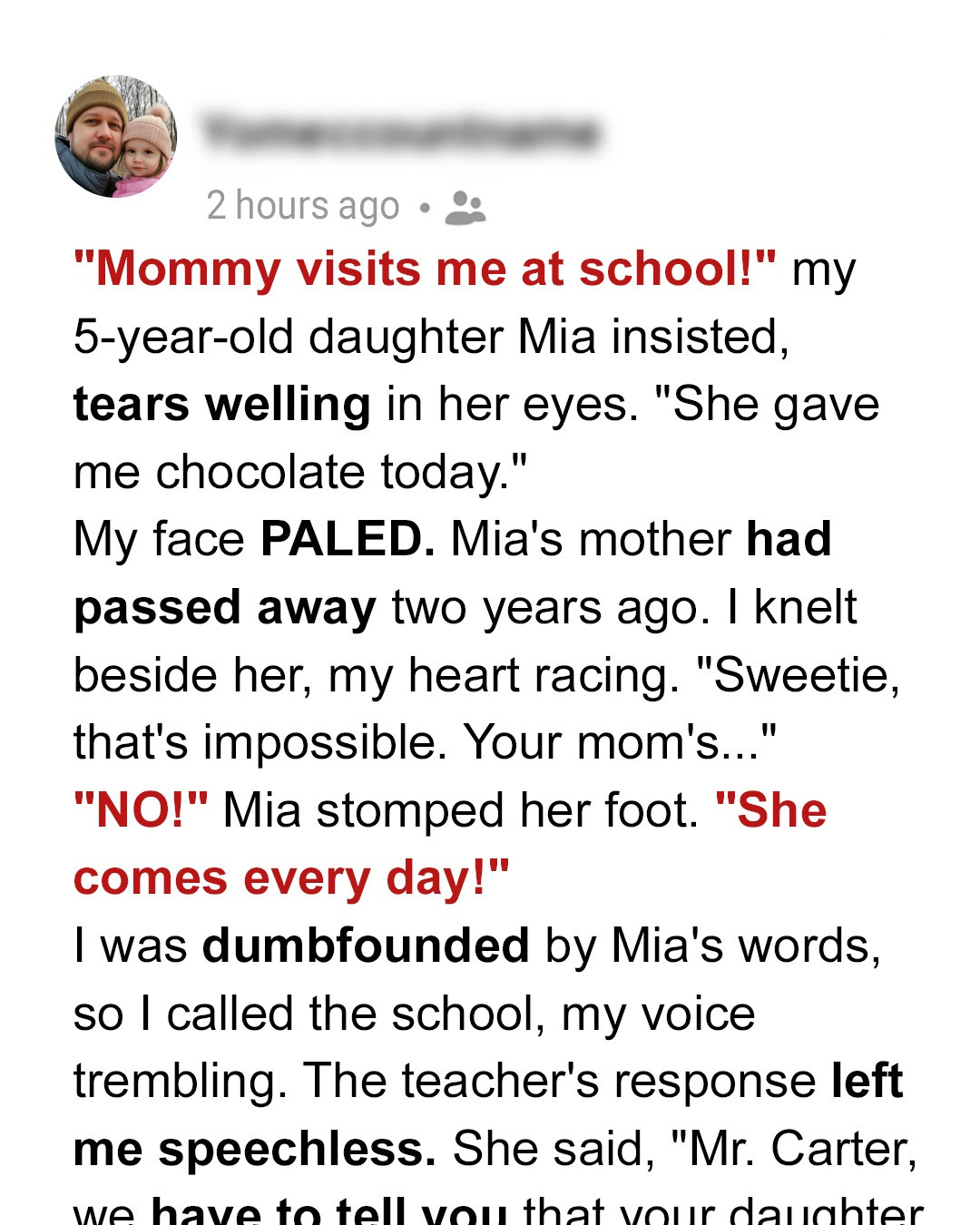 My Daughter Insisted Her Late Mother Visited Her at School – I Was Shocked to the Core When I Learned the Truth