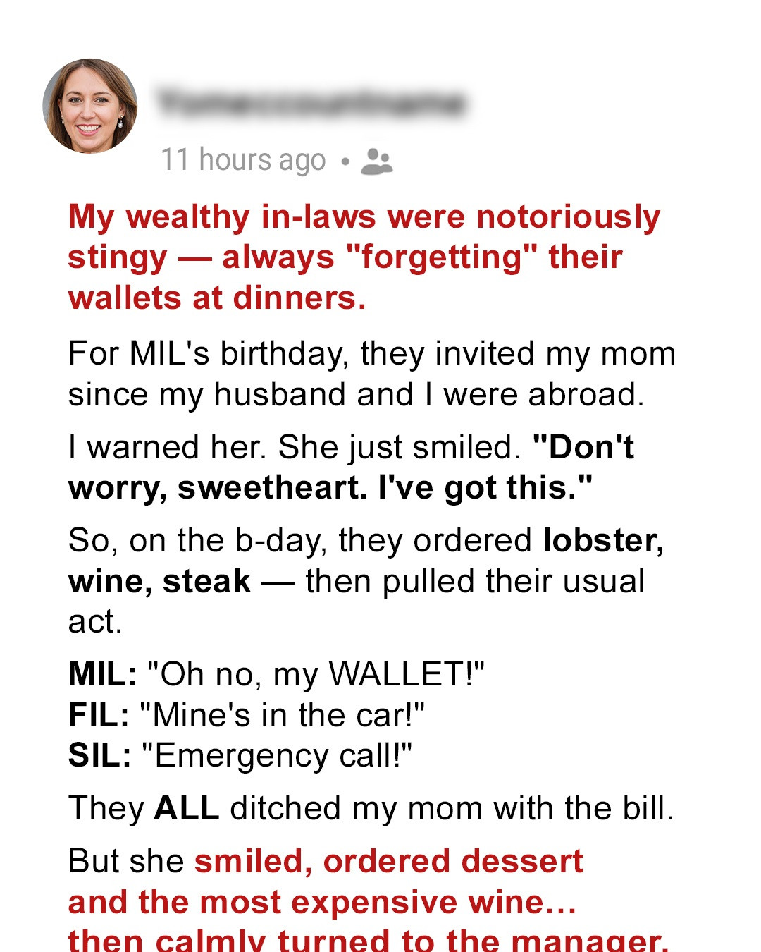My In-Laws Left My Mom at a Restaurant to Avoid Paying the Bill – Too Bad My Mom Had a Plan of Her Own
