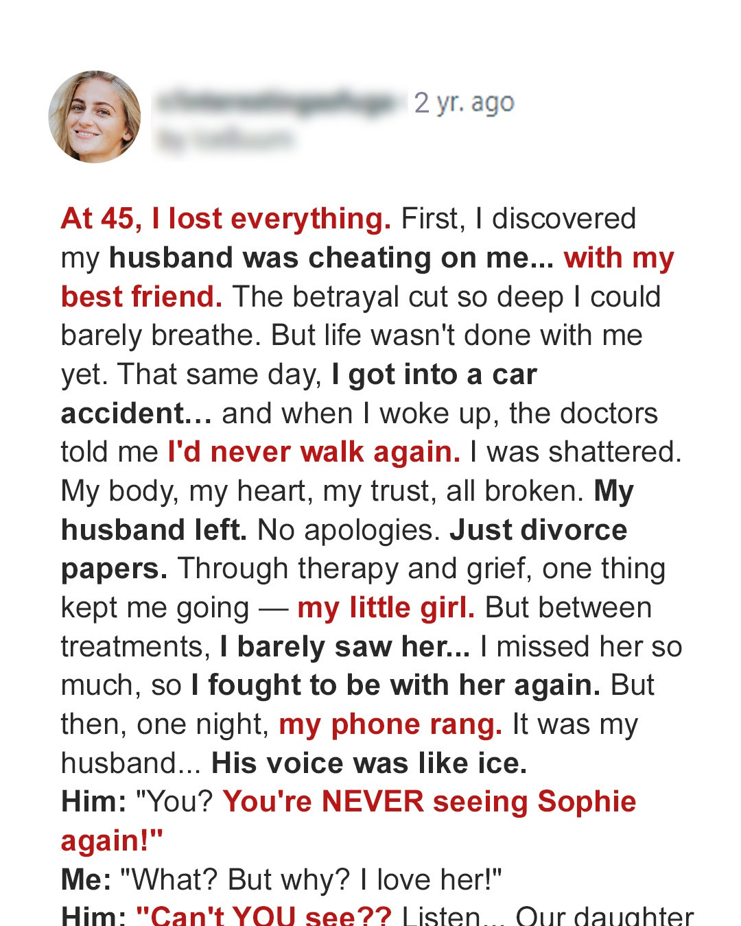 My Husband Left Me for His Mistress When I Ended Up in a Wheelchair But I Refused to Let Him Take Our Daughter Too — Story of the Day