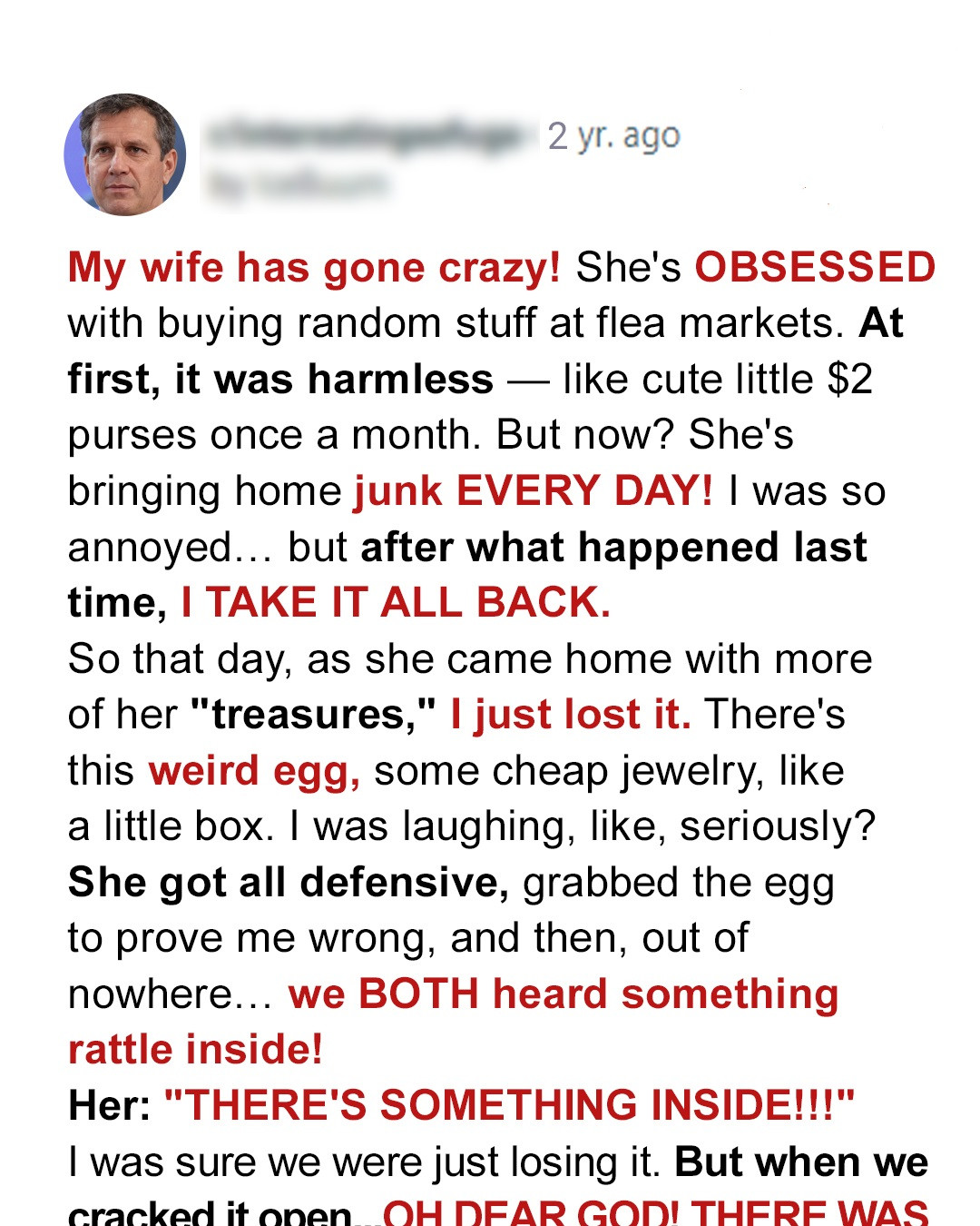 Husband Mocks Old Egg Wife Bought at Flea Market, so She Asked Him to Open It– Story of the Day