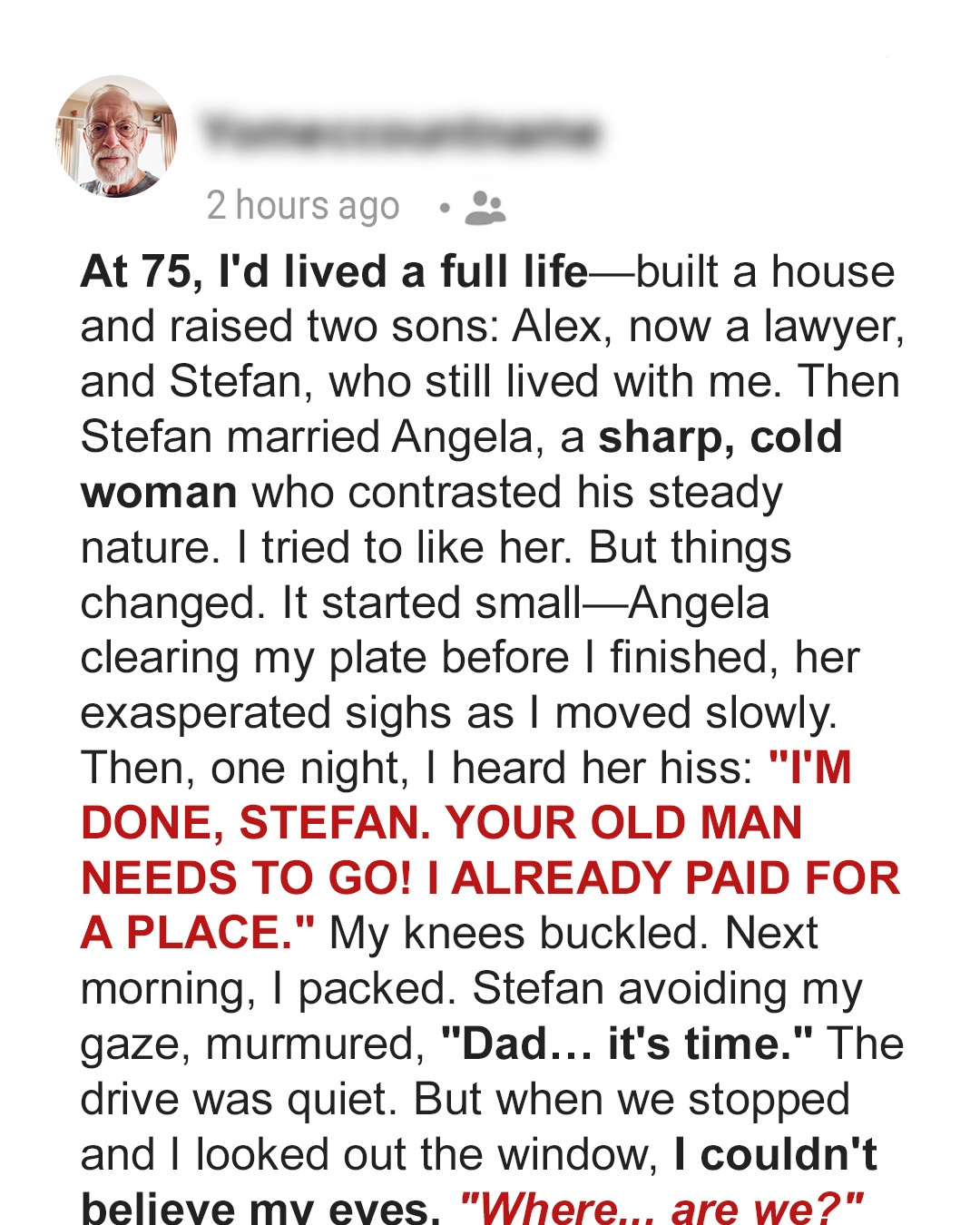 Wife Said, ‘Send Your Father to a Nursing Home or I Leave’ — Her Life Changed After Her Husband Took His Dad Away but Not in the Way She’d Expected