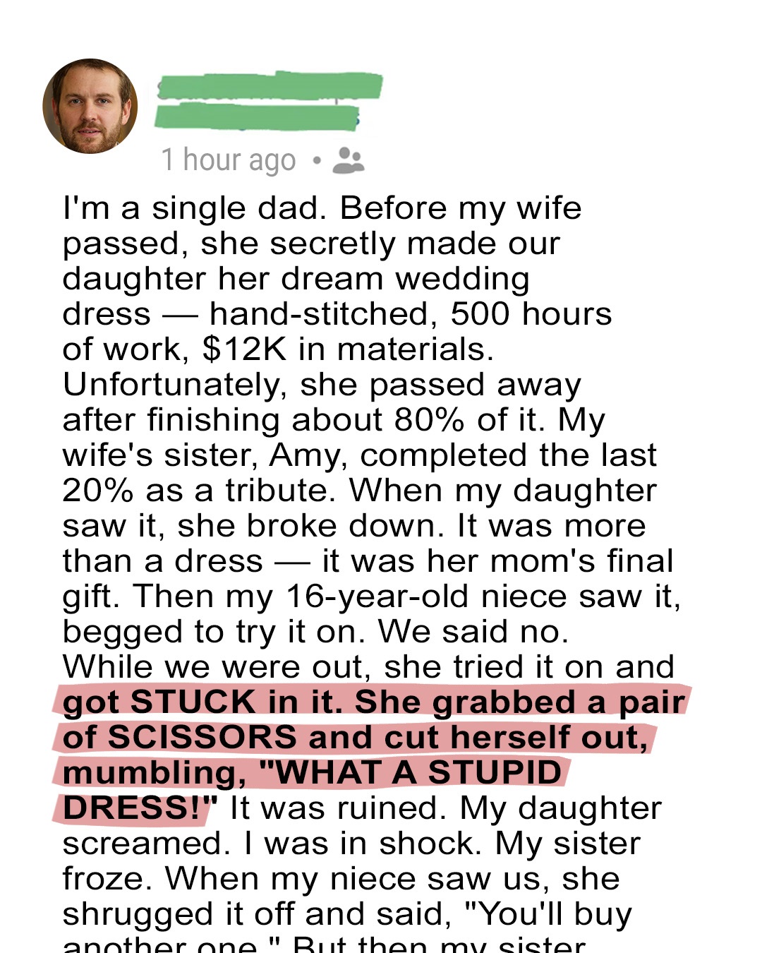 My Niece Destroyed the Wedding Dress My Late Wife Made for Our Daughter – She Was Quickly Brought Back Down to Earth