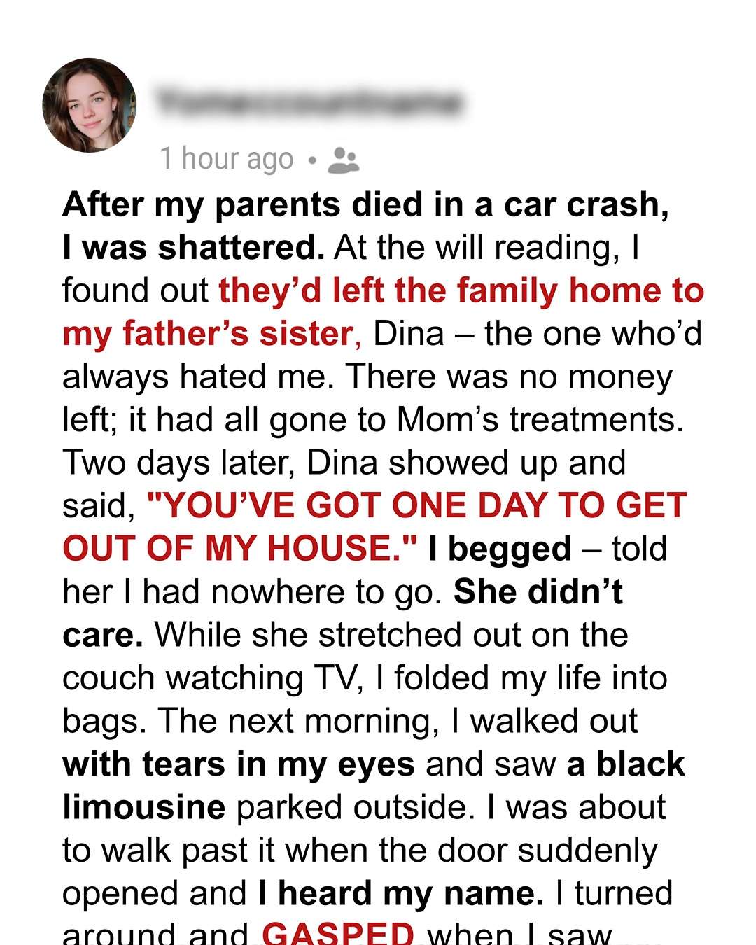 My Aunt Kicked Me Out of My Childhood Home After My Parents Died – Just as I Left Crying, a Black Limo Pulled Up