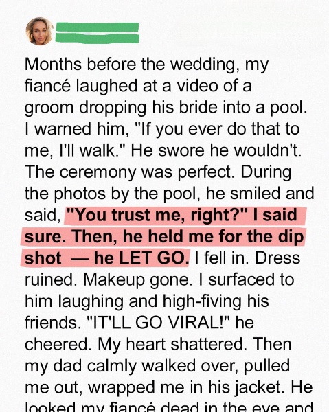 My Groom Deliberately Threw Me into the Pool During Our Wedding Photoshoot – My Dad’s Response Left Everyone Speechless