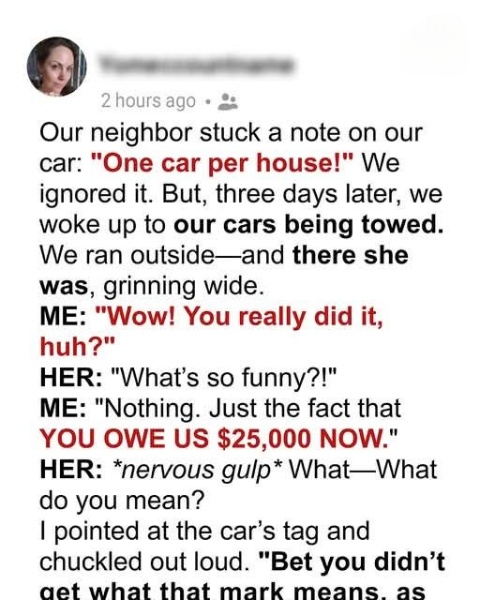 Our Meddling Neighbor Got Our Cars Towed from Our Own Driveway She Paid a Great Price in Return