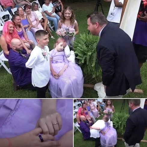 Brave little girl wheeled down the aisle by dad to marry school sweetheart days before passing away