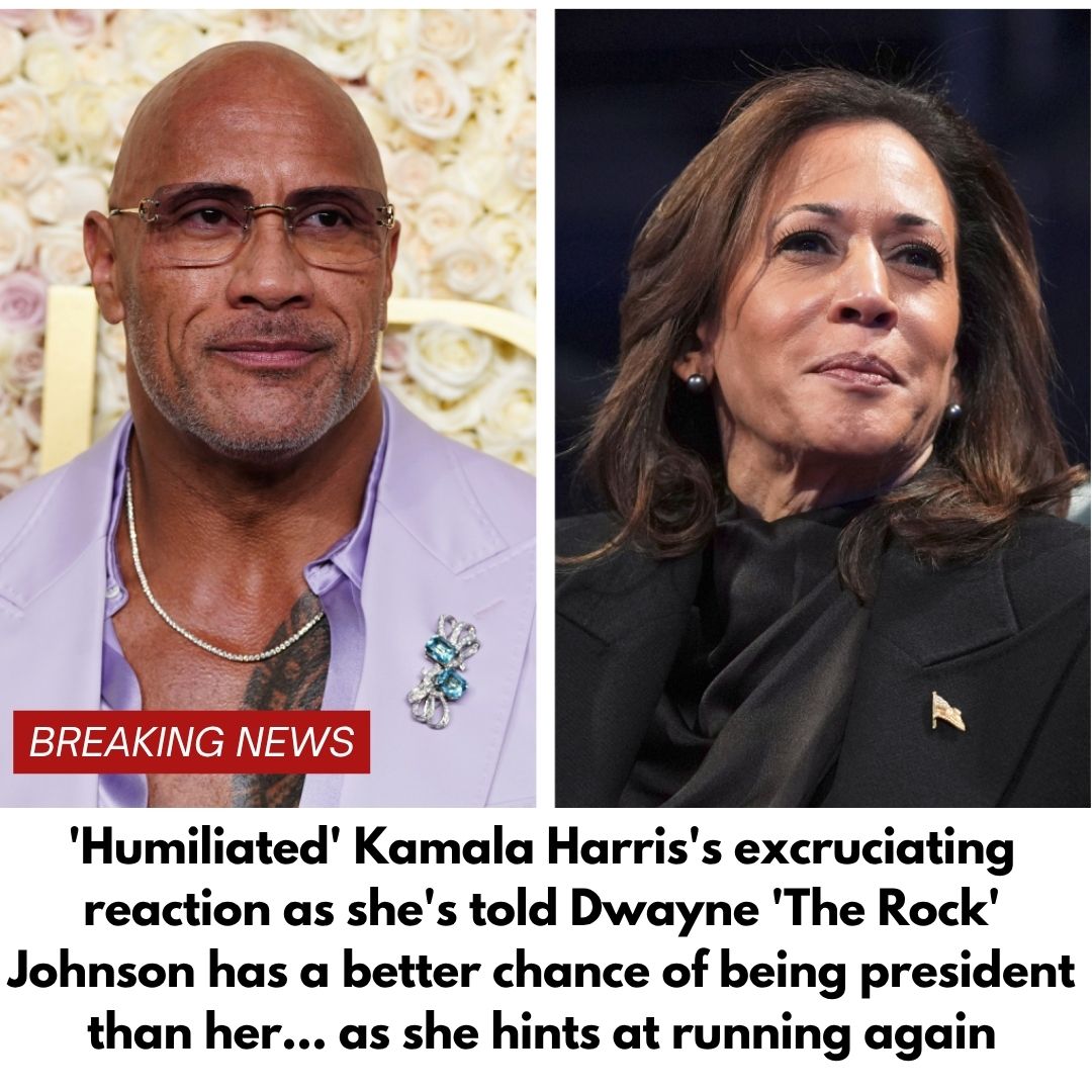 ‘Humiliated’ Kamala Harris’s excruciating reaction as she’s told Dwayne ‘The Rock’ Johnson has a better chance of being president than her… as she hints at running again