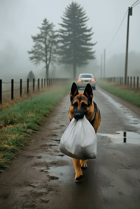 A woman noticed a German Shepherd walking down the street, carrying a white bag in its mouth: Suddenly, a car stopped nearby, the driver grabbed the bag from the dog, and then drove off