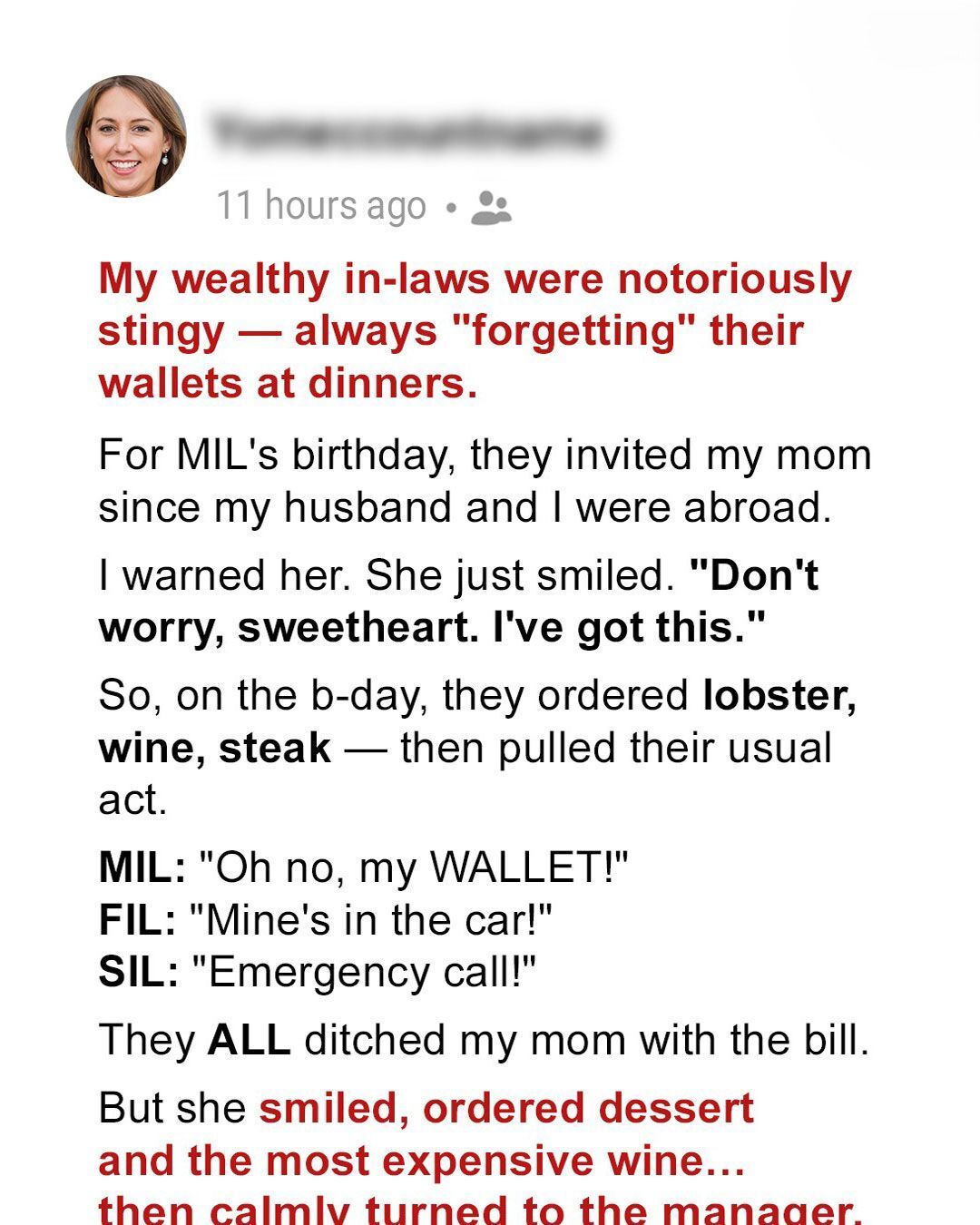 SOTD! My In-Laws Tried to Skip Out on a $1,500 Dinner Bill, But My Moms Brilliant Comeback Left Them Speechless