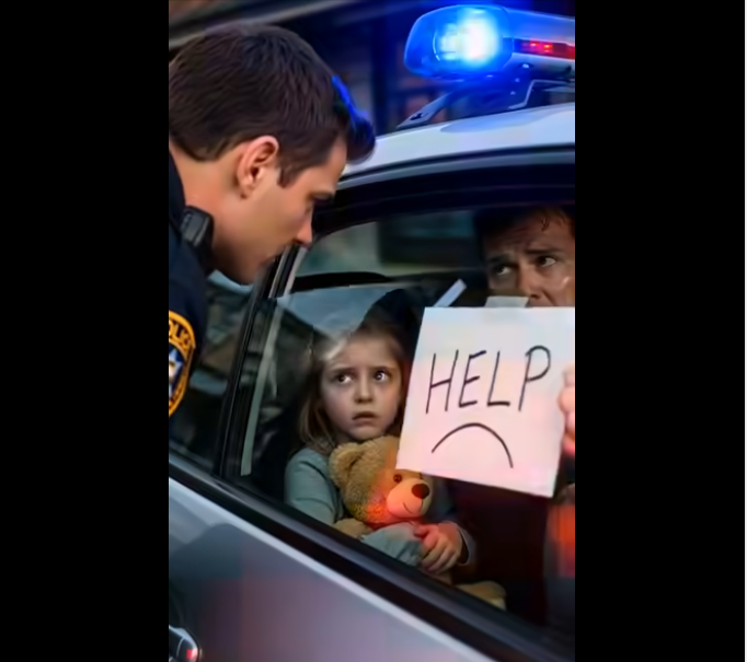 A police officer spotted a childs drawing pressed against a car window, a sad face with the word HELP, Something felt off, so he quietly tailed the vehicle, and what he uncovered left him speechless