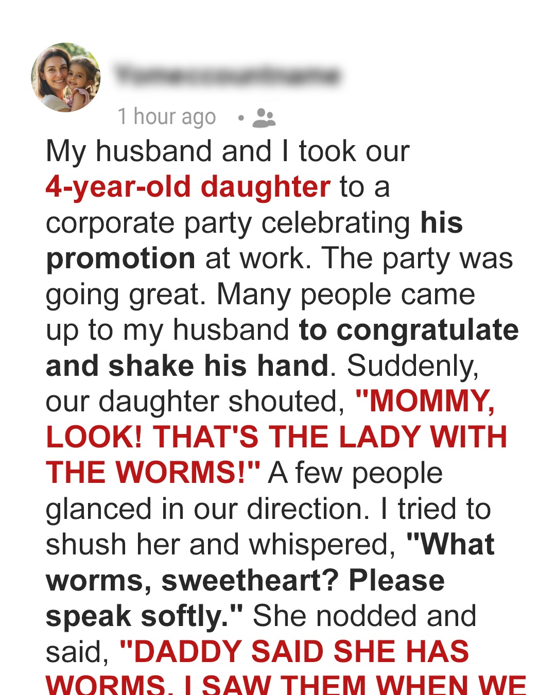 At My Husband’s Corporate Party, Our Daughter Screamed, ‘Mommy, Look! That’s the Lady with the Worms!’ – The Truth Behind It Left Me Shattered