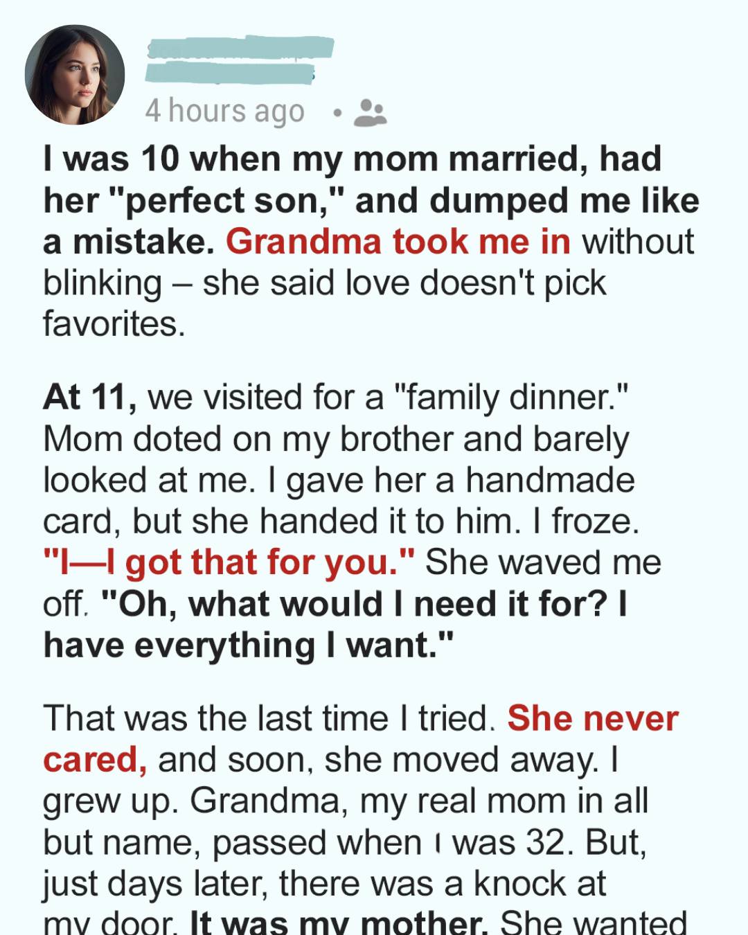 My Mother Abandoned Me for Her New Family—Years Later, She Knocked on My Door for One Thing