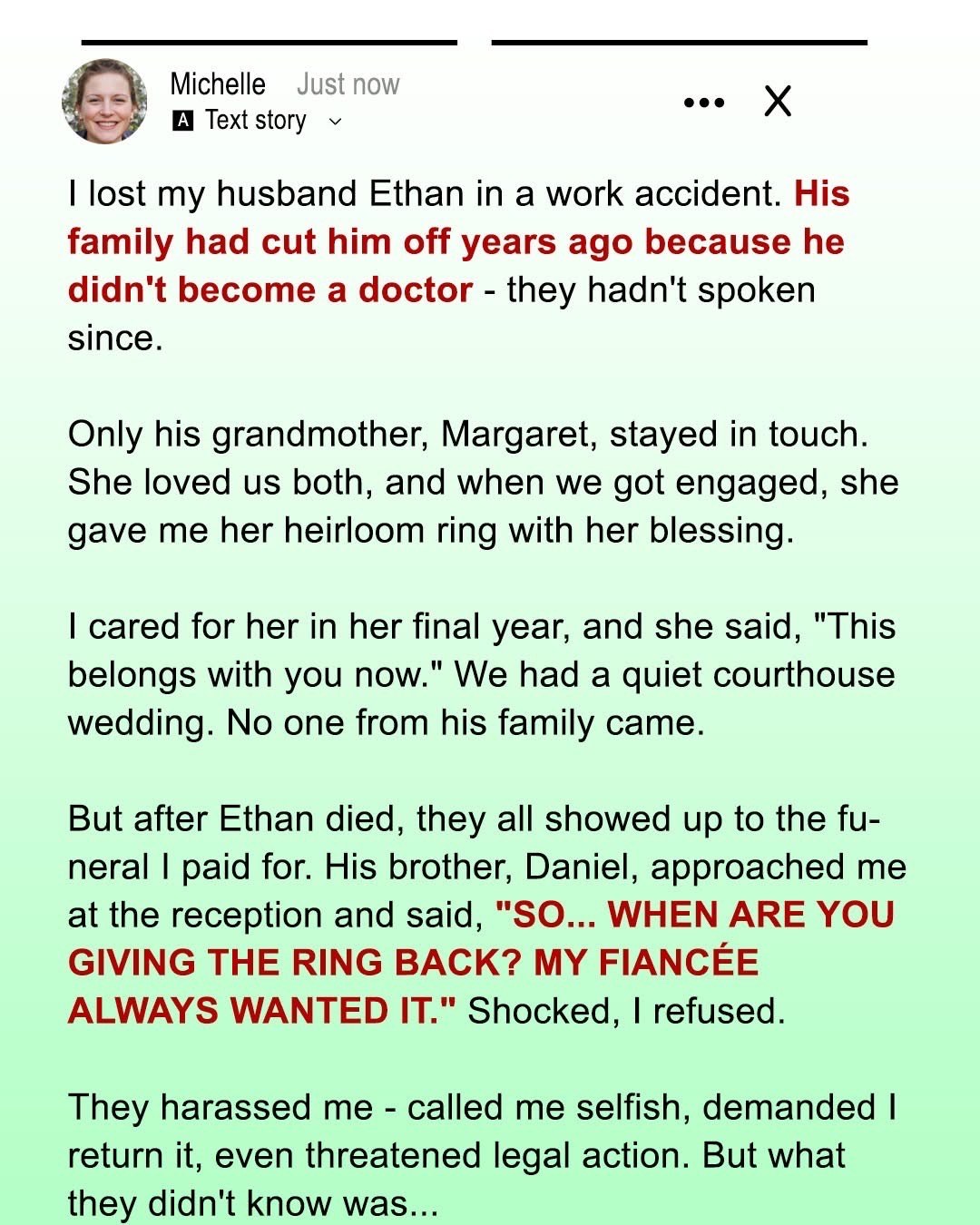 My Husband’s Family Demanded I Return My Engagement Ring at His Funeral — They Didn’t Expect What Came Next