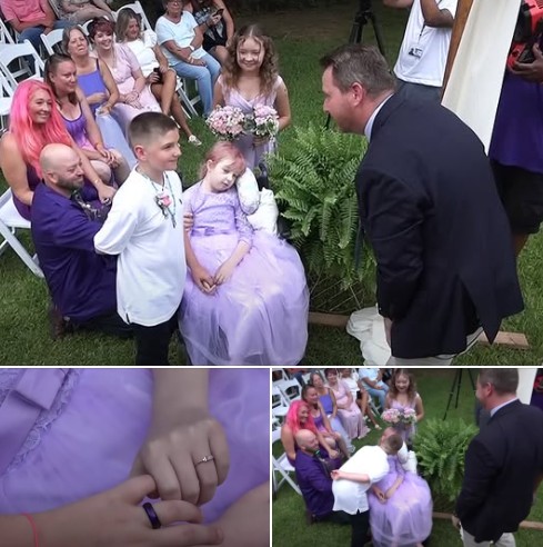 Brave little girl wheeled down the aisle by dad to marry school sweetheart days before passing away!