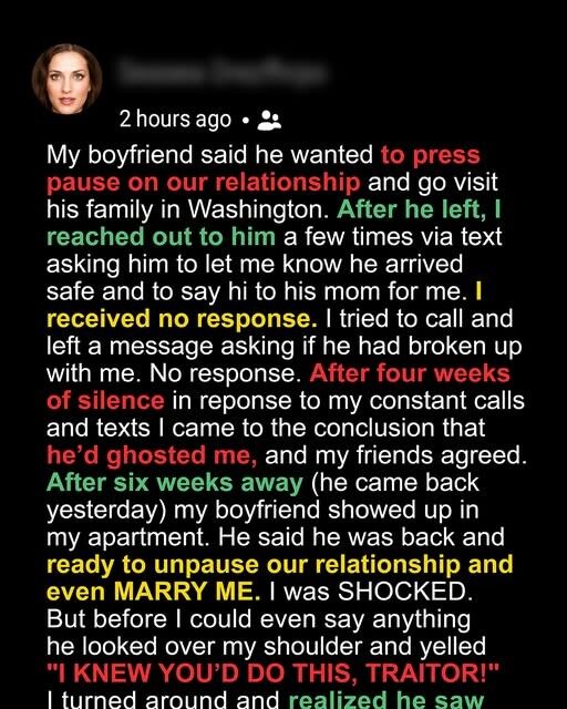 My Boyfriend Left Saying He Needed a Break and Ghosted Me for a Month—Yesterday He Came Back and Yelled, ‘I Knew You Would Do That, Traitor!!