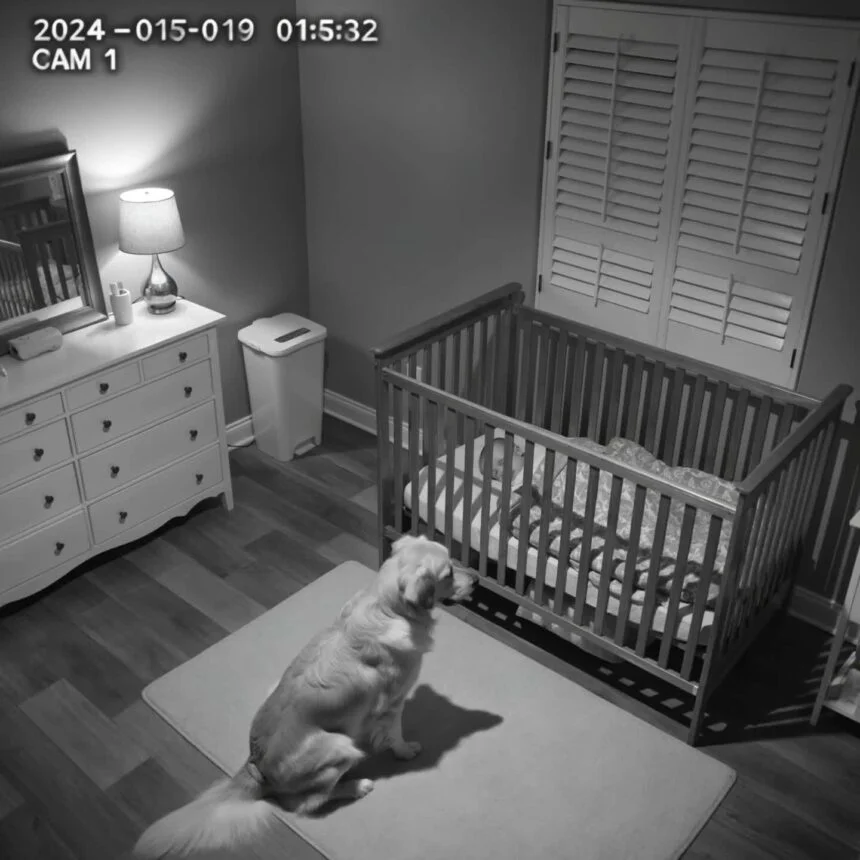 The new parents noticed that their dog sat by the crib every night without moving — so they decided to install a camera!