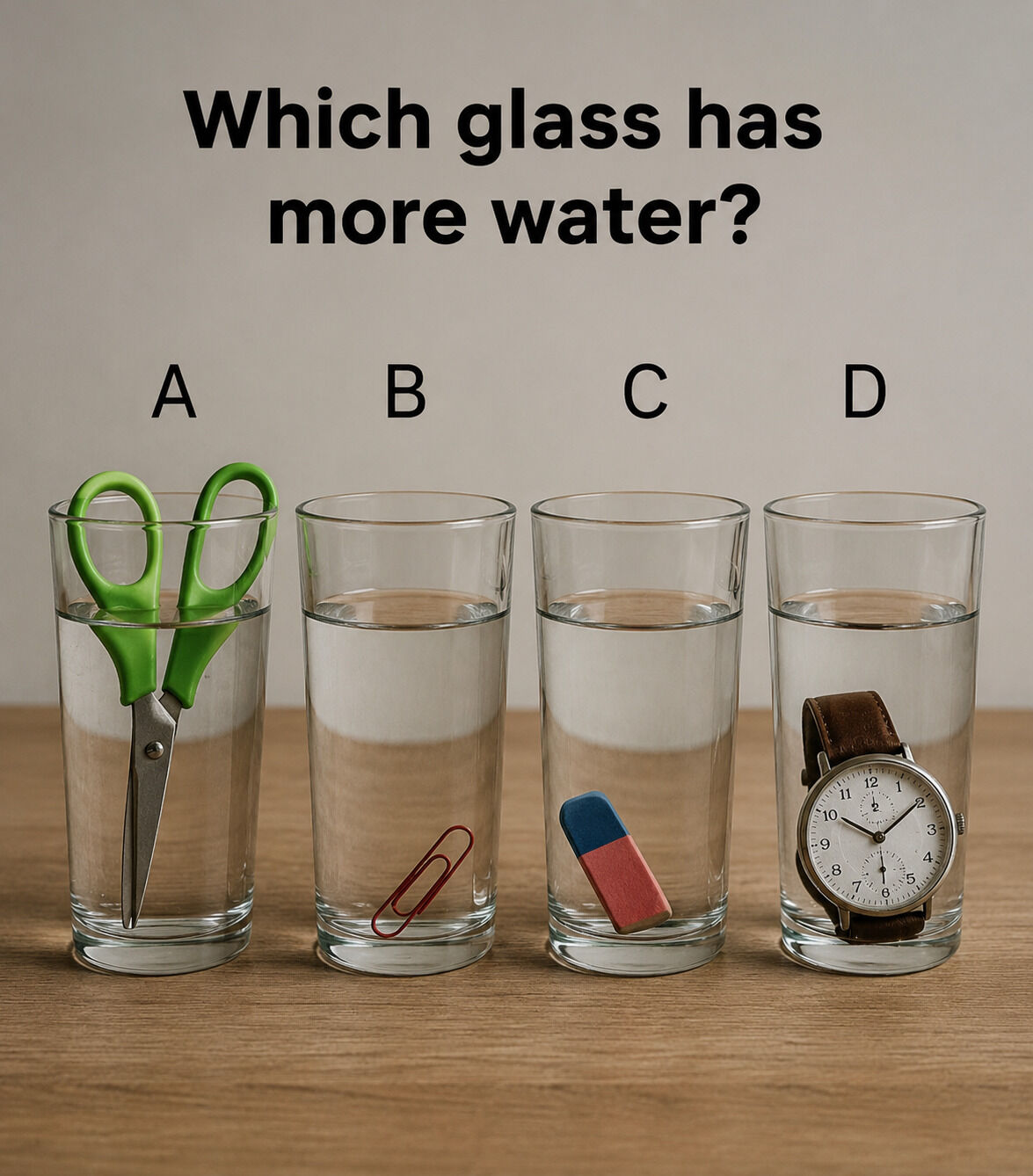 At first glance, this looks like a simple question… four identical glasses, all filled to a similar level, each holding a different object.!