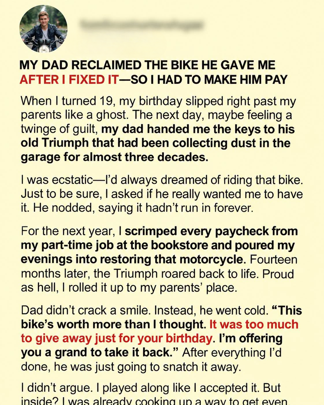 My Dad Took Back the Bike He Gave Me After I Fixed It—So I Made Him Pay