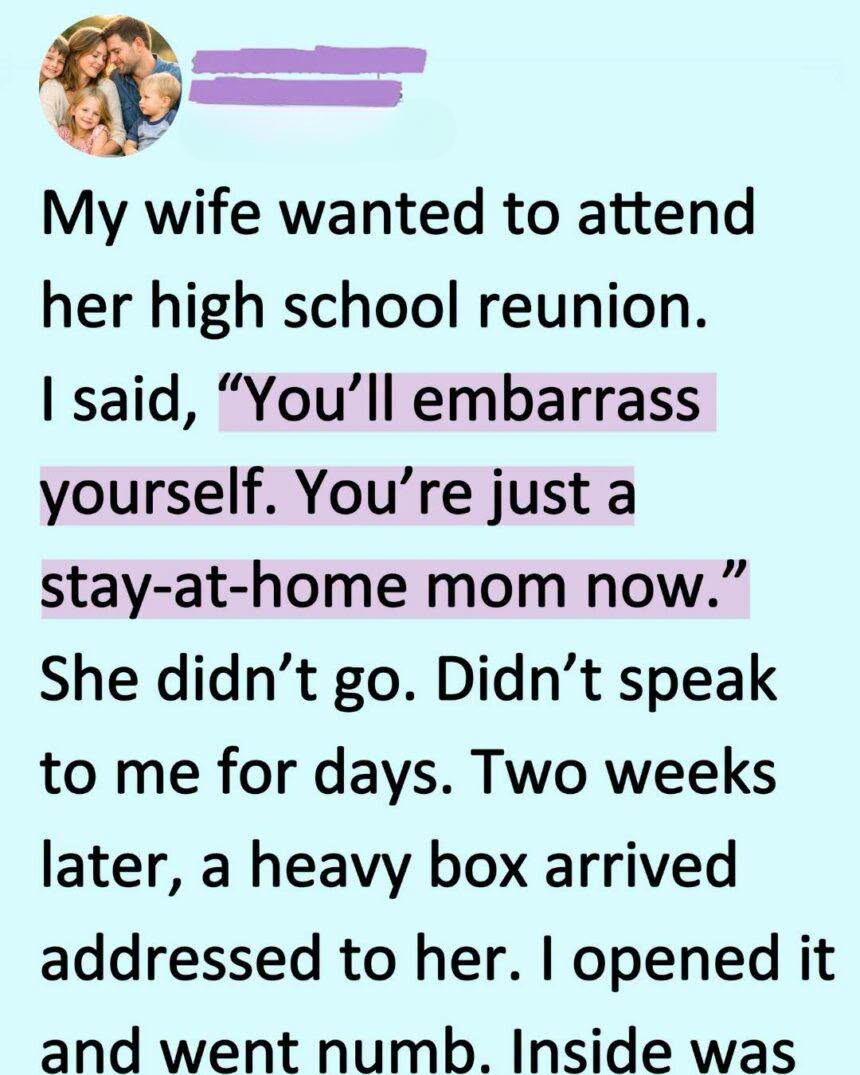 I Mocked My Wife for Being “Just a Stay-at-Home Mom” and Banned Her From Her Reunion—Then a Box Changed Everything.